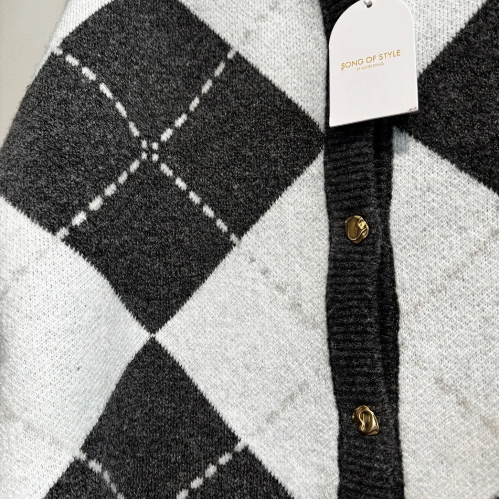 Song of Style Black and Light Blue Gray Argyle Cardigan - Picture 5 of 7